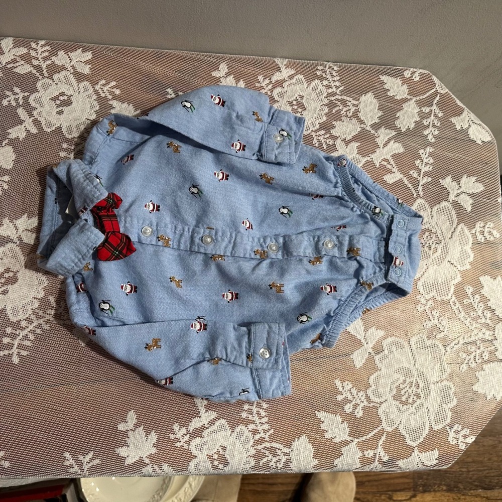 Little Me Baby Boys 6M Blue Christmas Santa Penguin Reindeer‎ Long Sleeve Onesie